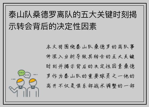 泰山队桑德罗离队的五大关键时刻揭示转会背后的决定性因素