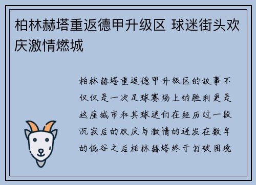柏林赫塔重返德甲升级区 球迷街头欢庆激情燃城