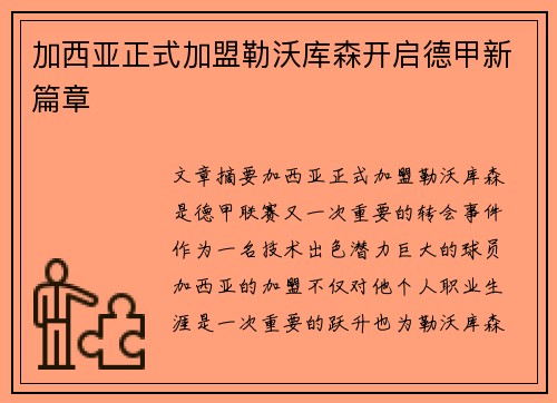 加西亚正式加盟勒沃库森开启德甲新篇章