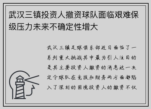 武汉三镇投资人撤资球队面临艰难保级压力未来不确定性增大